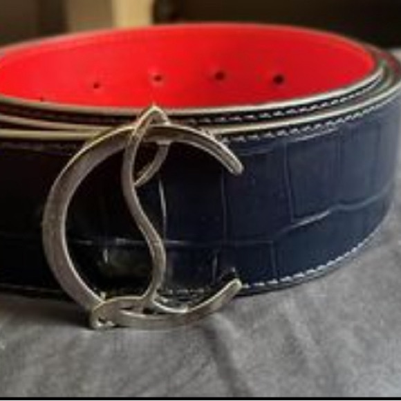 Christian Louboutin Navy Blue/Red Croc Embossed and Leather CL Logo Belt - Picture 3 of 6